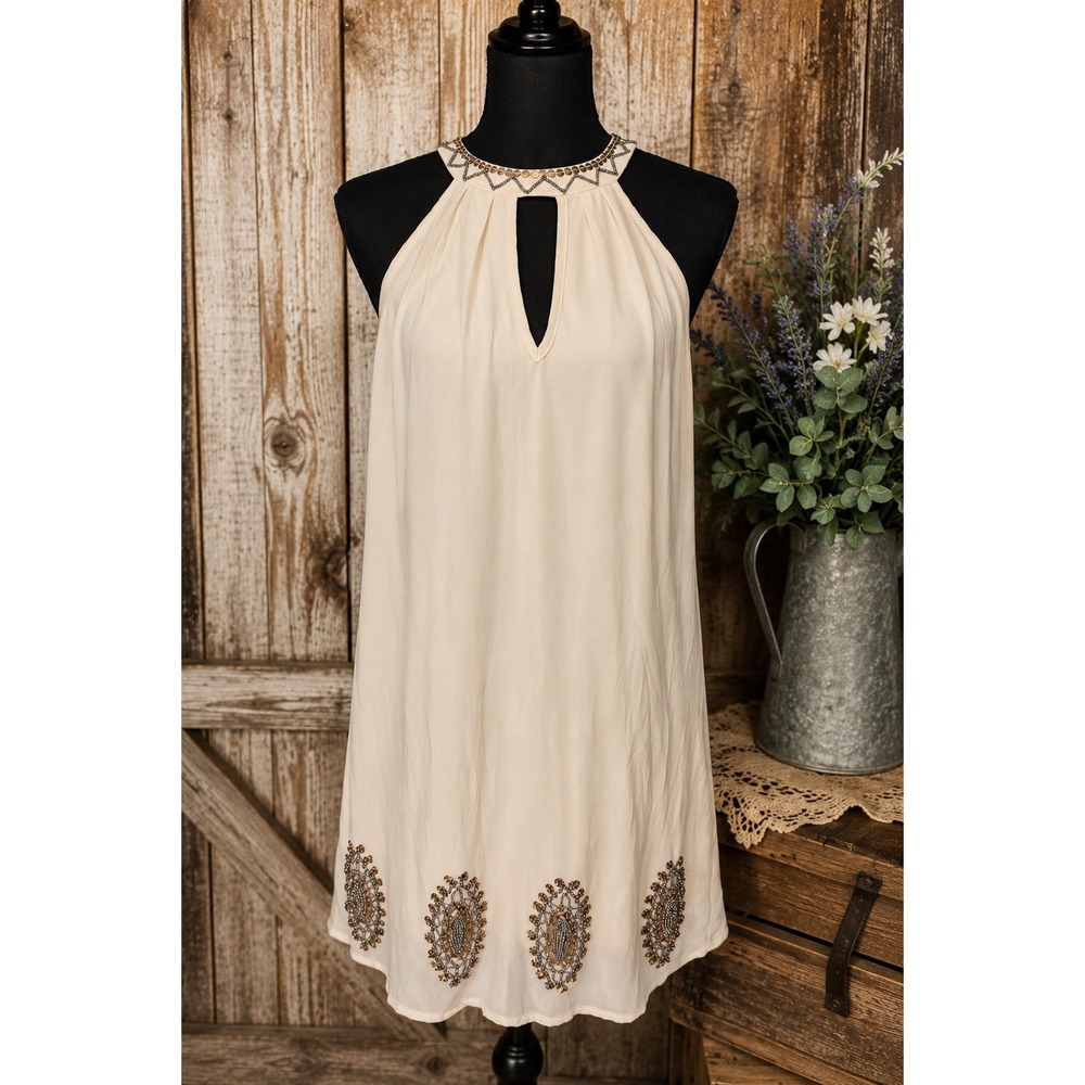 The Clothing Company Ivory Embellished Halter Shift Dress Size Small Resortwear